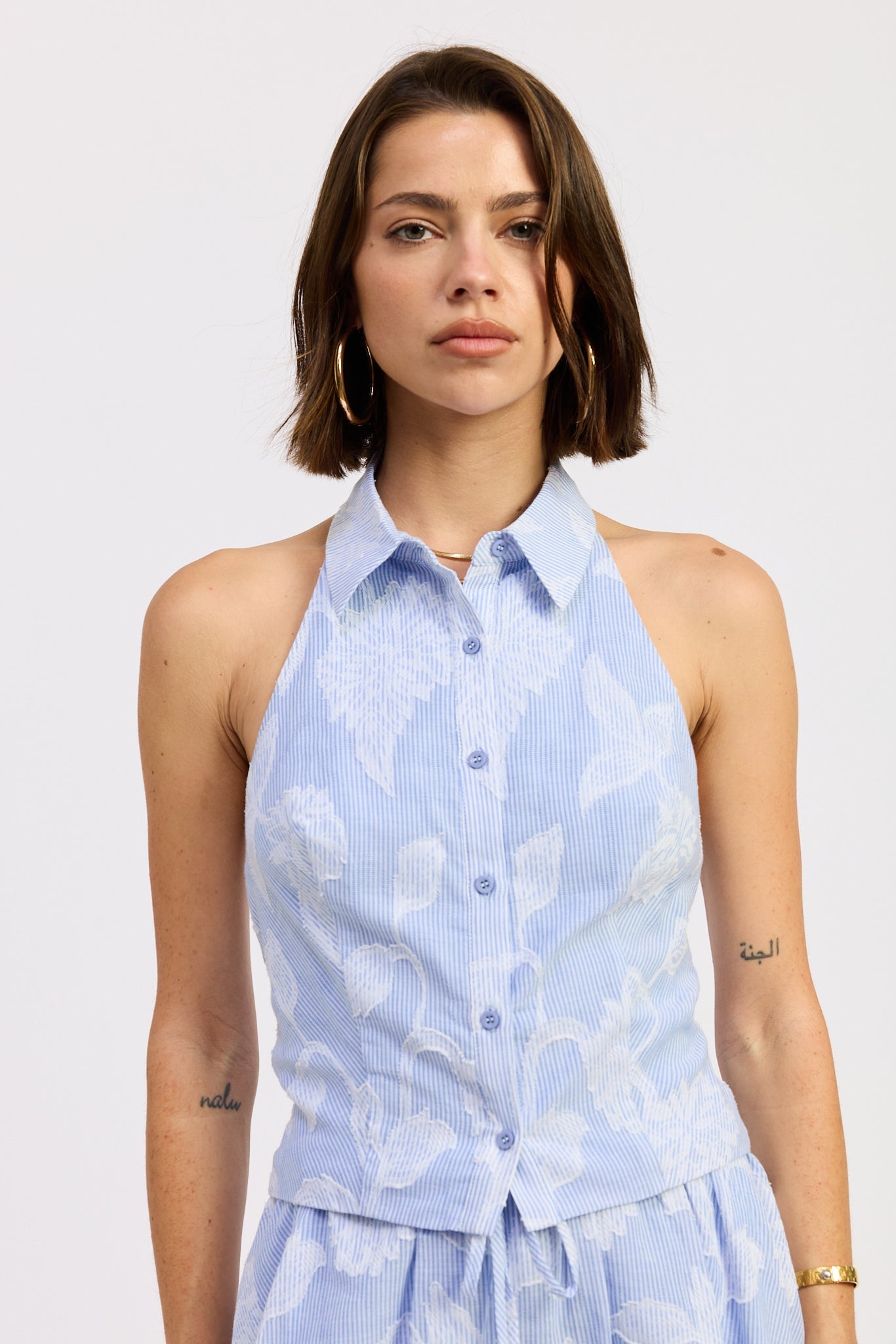 Anastasia Top in Blue Stripe Jacquard - front view showing collared halter neckline