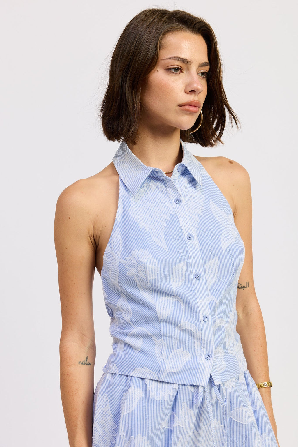 Anastasia Top in Blue Stripe Jacquard - back view
