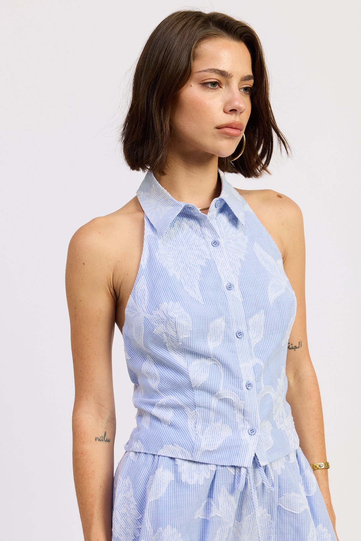 Anastasia Top in Blue Stripe Jacquard - back view
