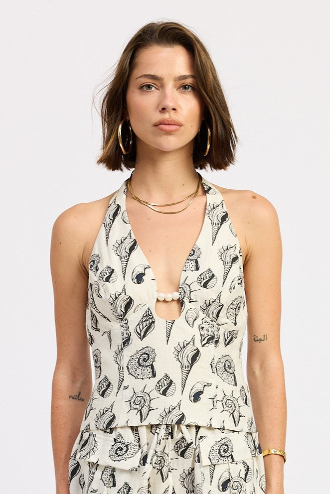 Pia Top in Ivory Black - front view showing beaded cutout halter neckline