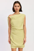 Riven Mini Dress in Lime - side view showing asymmetrical hem