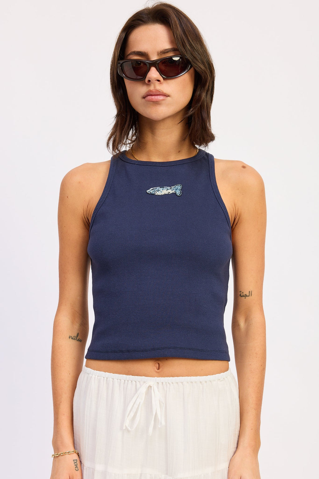 Eva Tank Top in Navy - front view showing racer back and bead detail