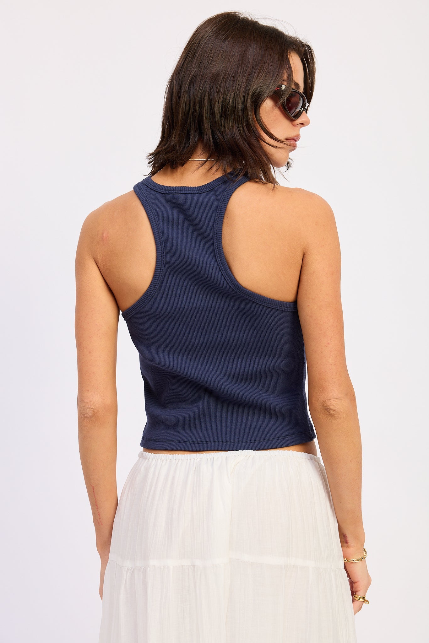 Eva Tank Top in Navy - close up of beading detail