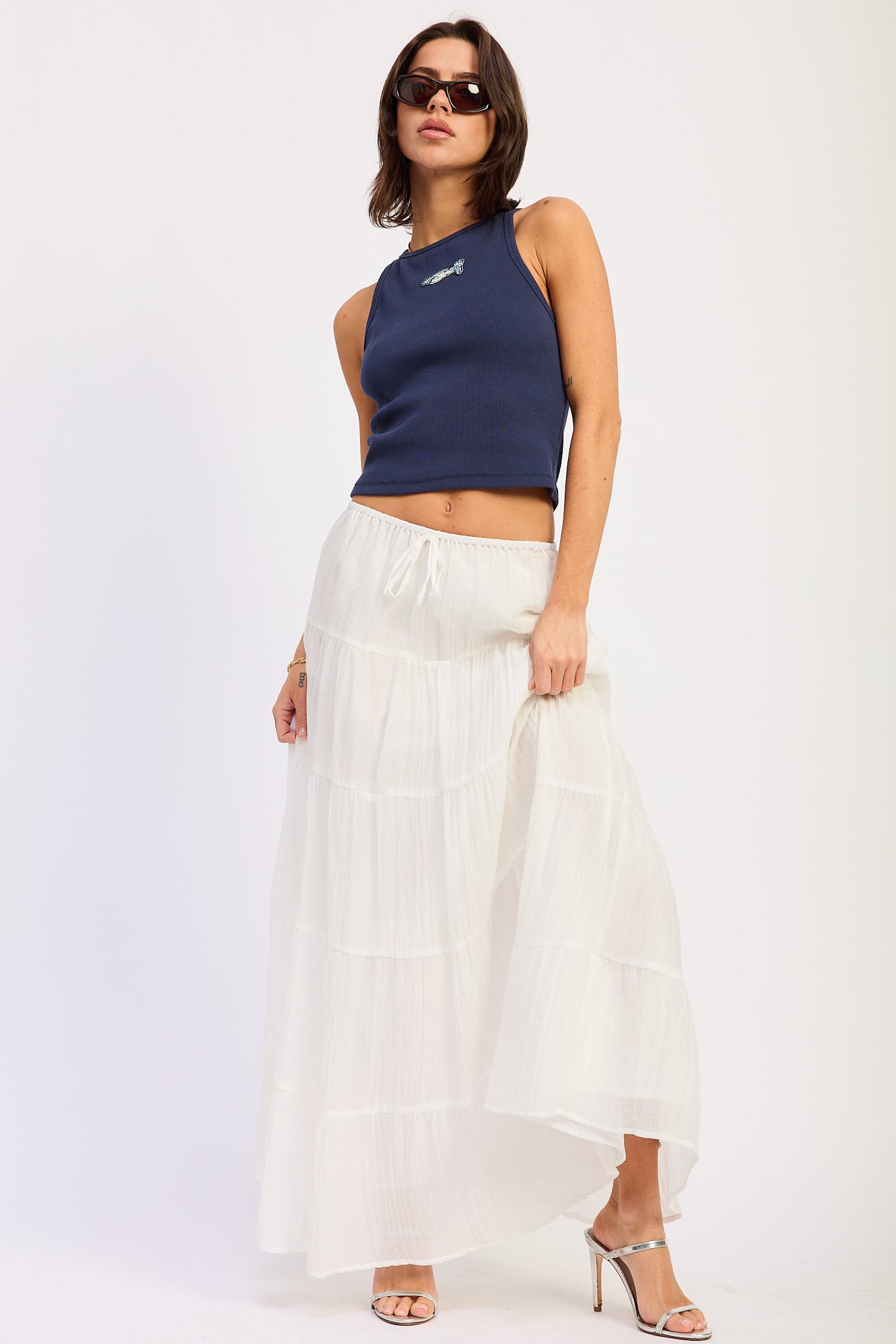 Eva Tank Top in Navy - styled tucked into jeans