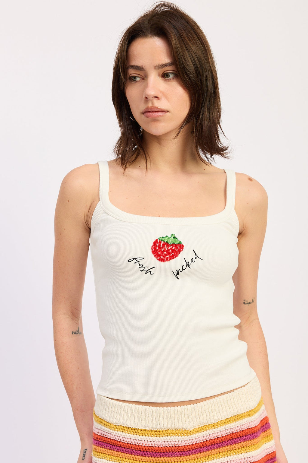Vesper Tank Top in Off-White - front view showing square neck and bead detail