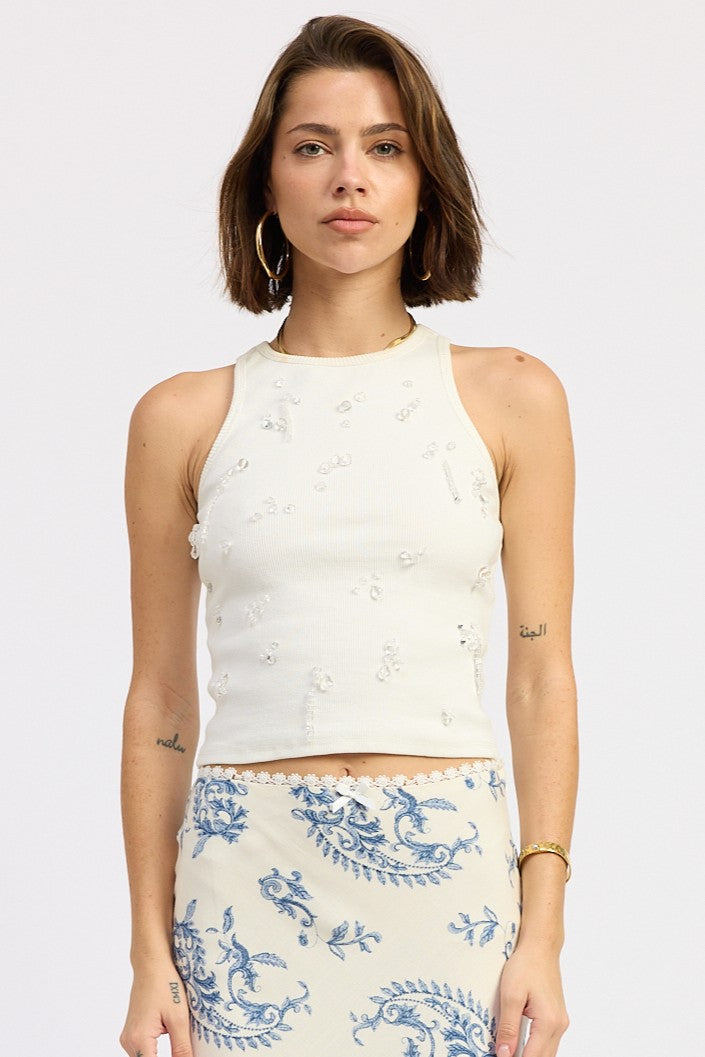Charlotte Top in Off-White - front view showing water bead embellishment