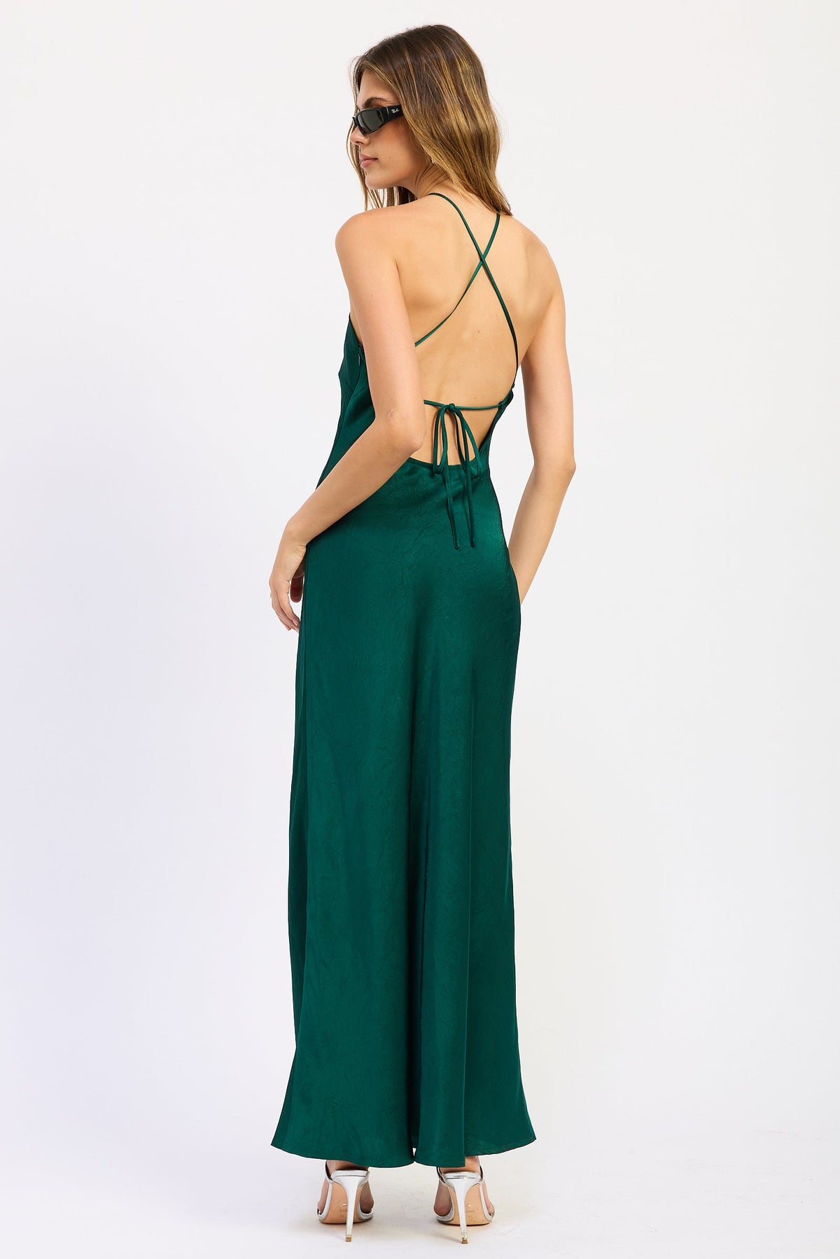 Satin Halter Open Back Midi Dress in ruby and emerald, close-up detail