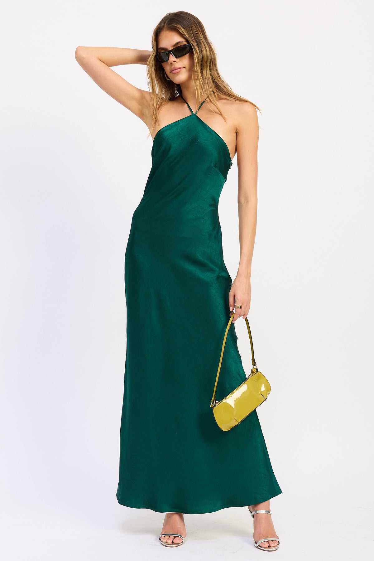 Satin Halter Open Back Midi Dress in ruby and emerald, back view