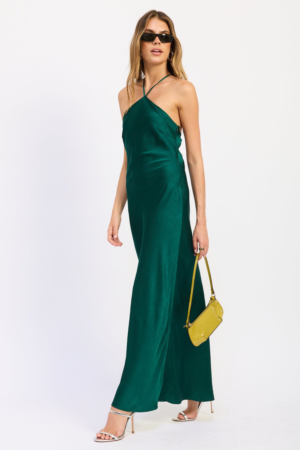 Satin Halter Open Back Midi Dress in ruby and emerald, side view