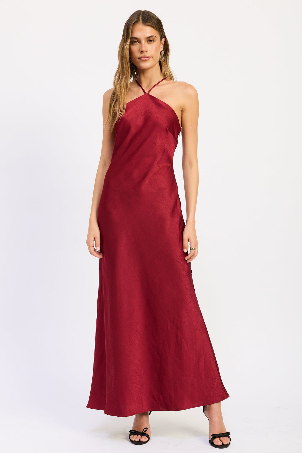 Satin Halter Open Back Midi Dress in ruby and emerald, front view