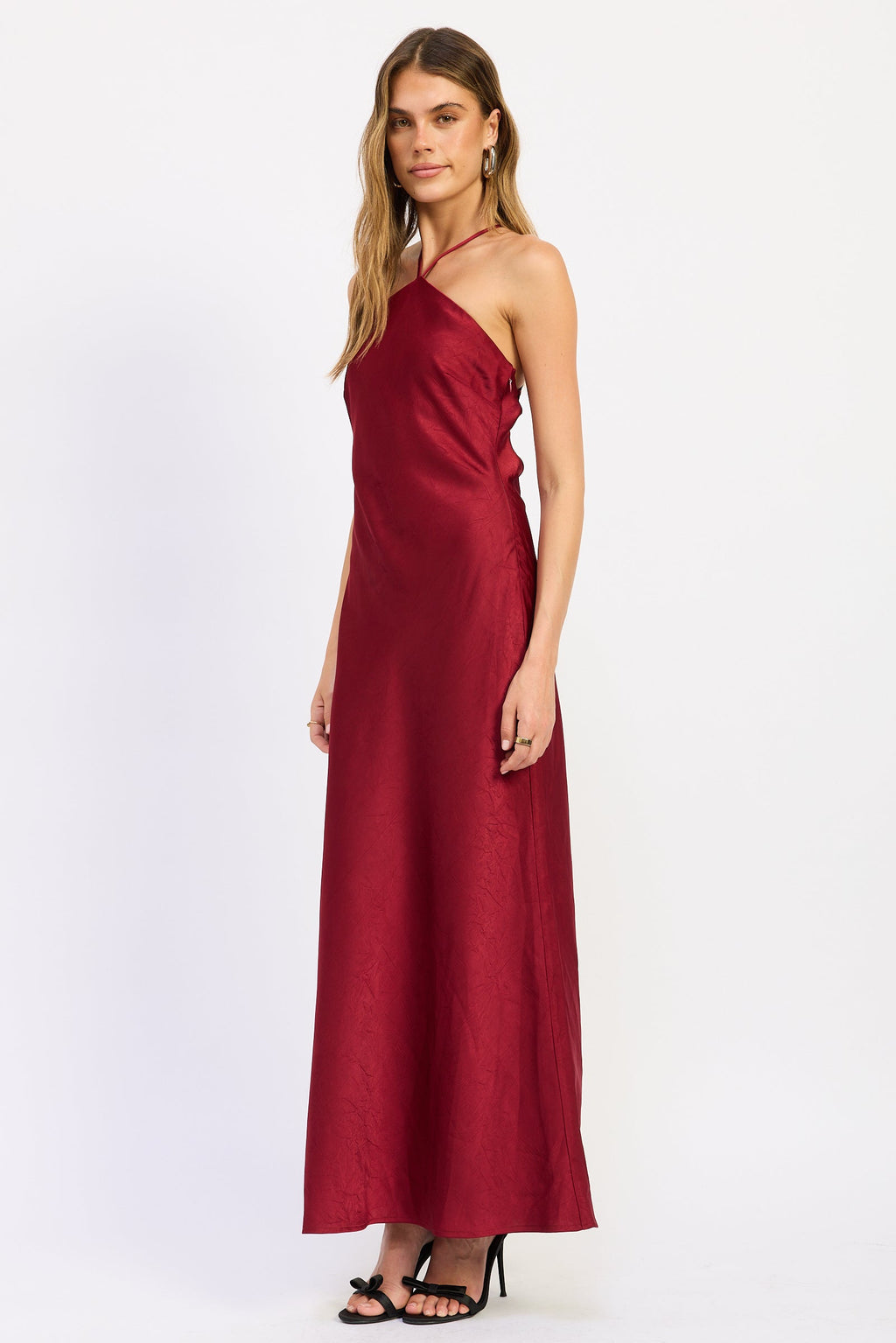Satin Halter Open Back Midi Dress in ruby and emerald, detail view