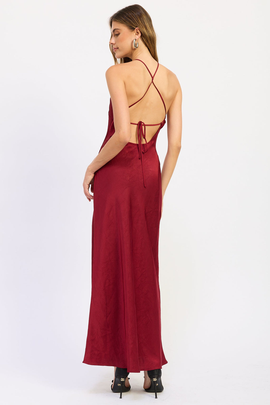 Satin Halter Open Back Midi Dress in ruby and emerald, styled view