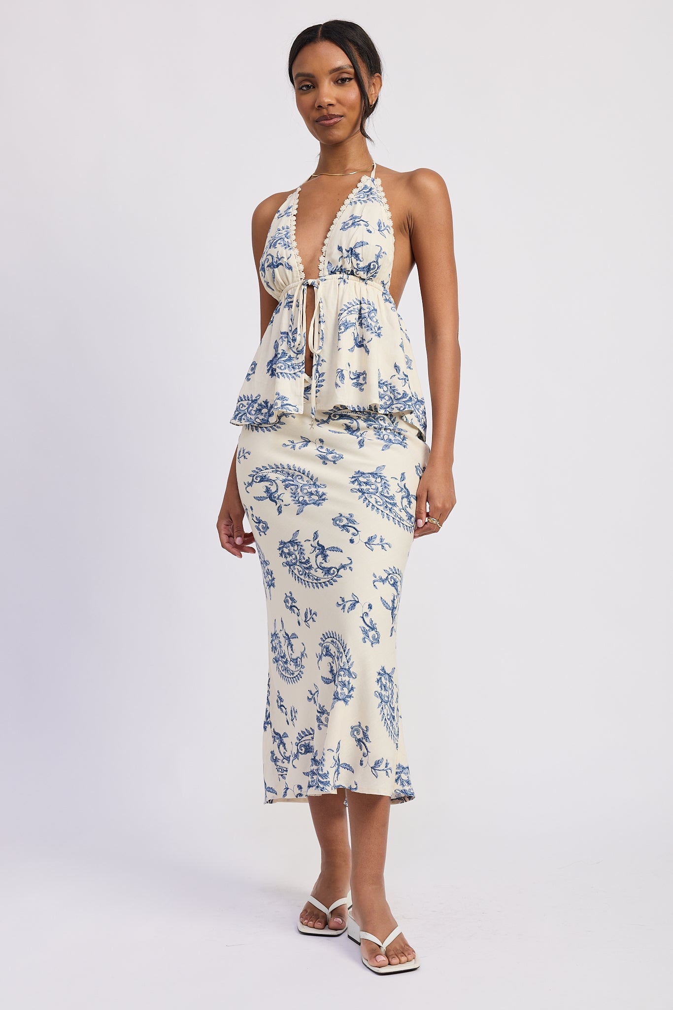 Amarine Midi Skirt in Ivory Blue - front view showing mermaid silhouette and lace trim