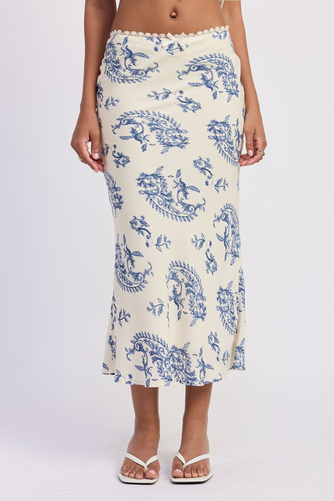 Amarine Midi Skirt in Ivory Blue - styled outfit full length view