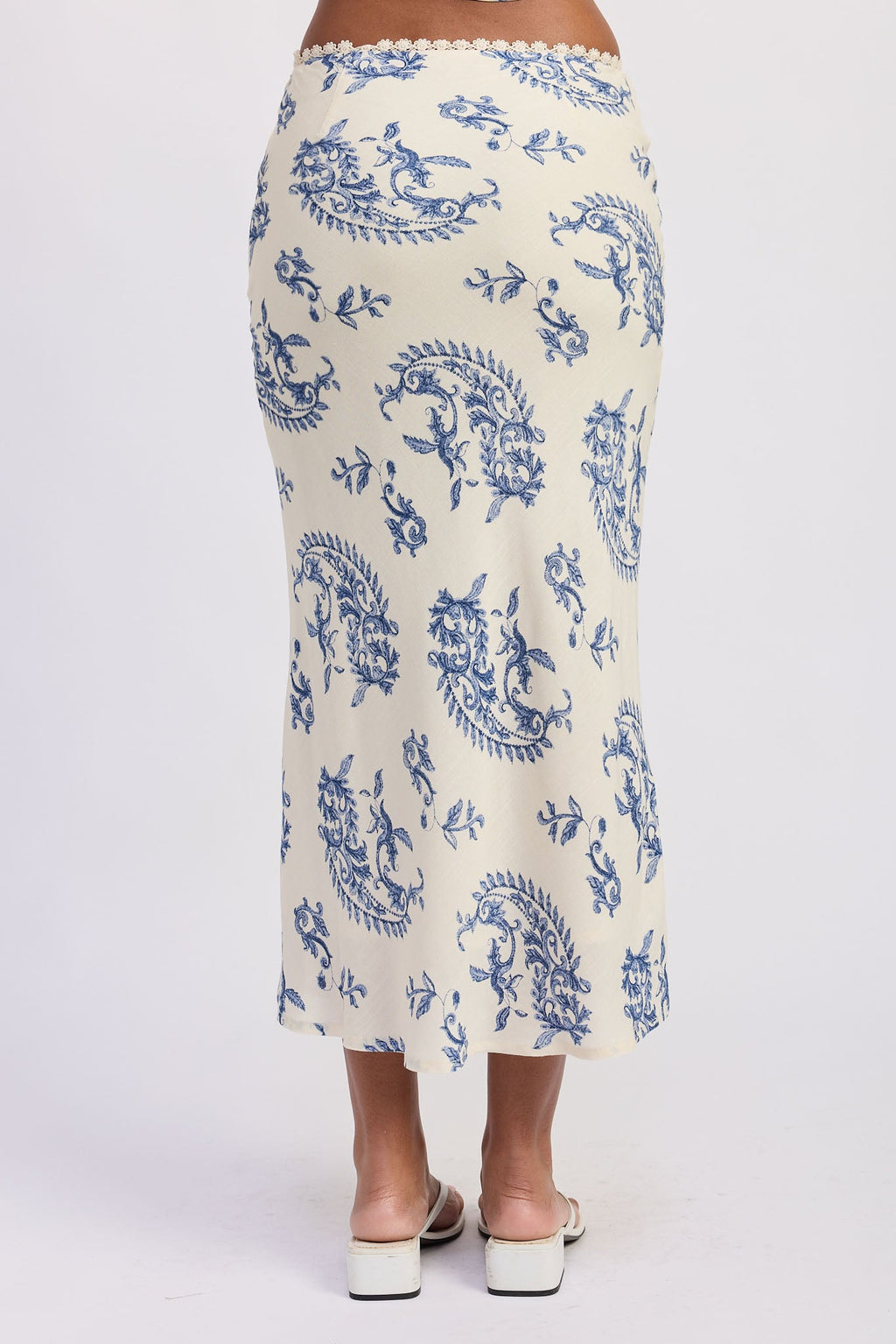 Amarine Midi Skirt in Ivory Blue - close up of lace trim detail