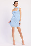 Joanna Mini Dress in Baby Blue - front view showing cowl drape neckline