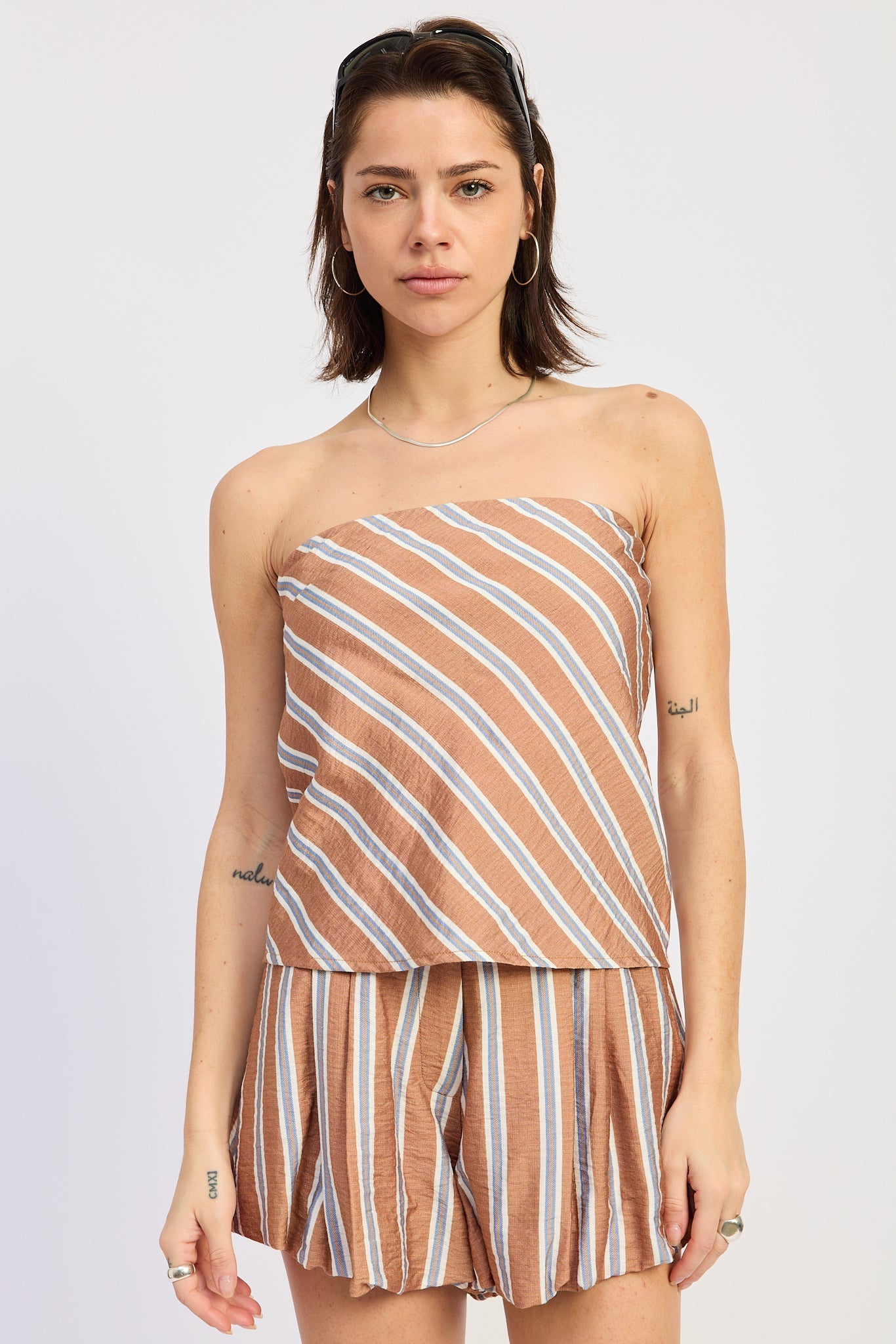 Kenna Top in Tan Blue Stripe - front view showing strapless silhouette