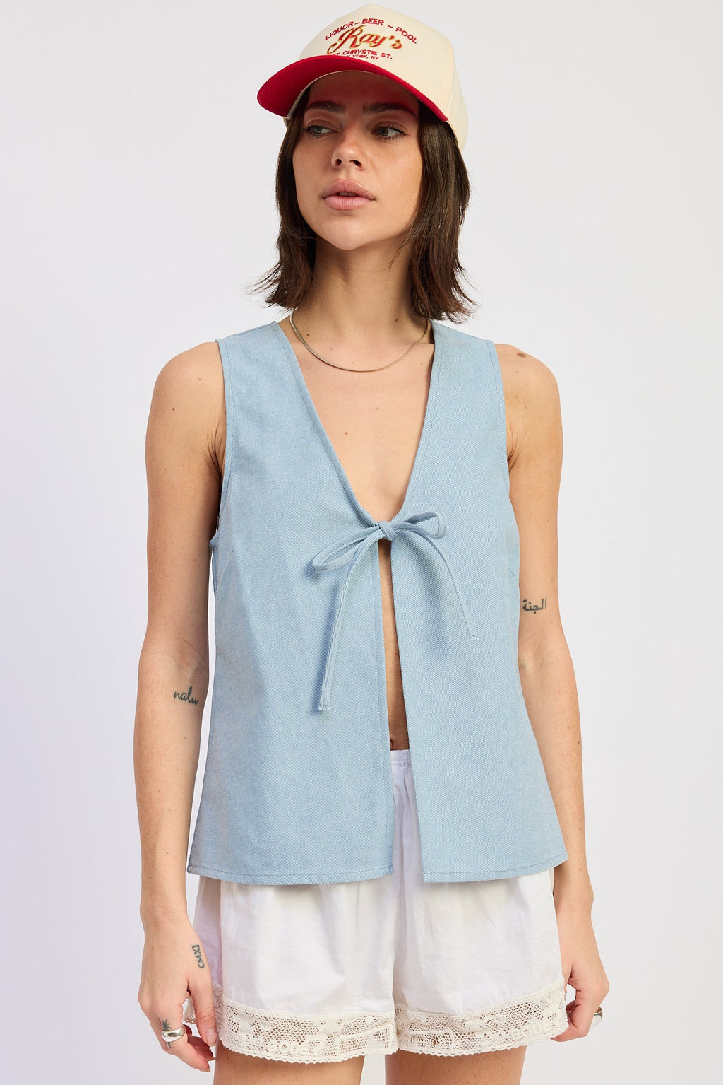 Nisa Vest Top in Washed Blue - front view showing deep V-neck
