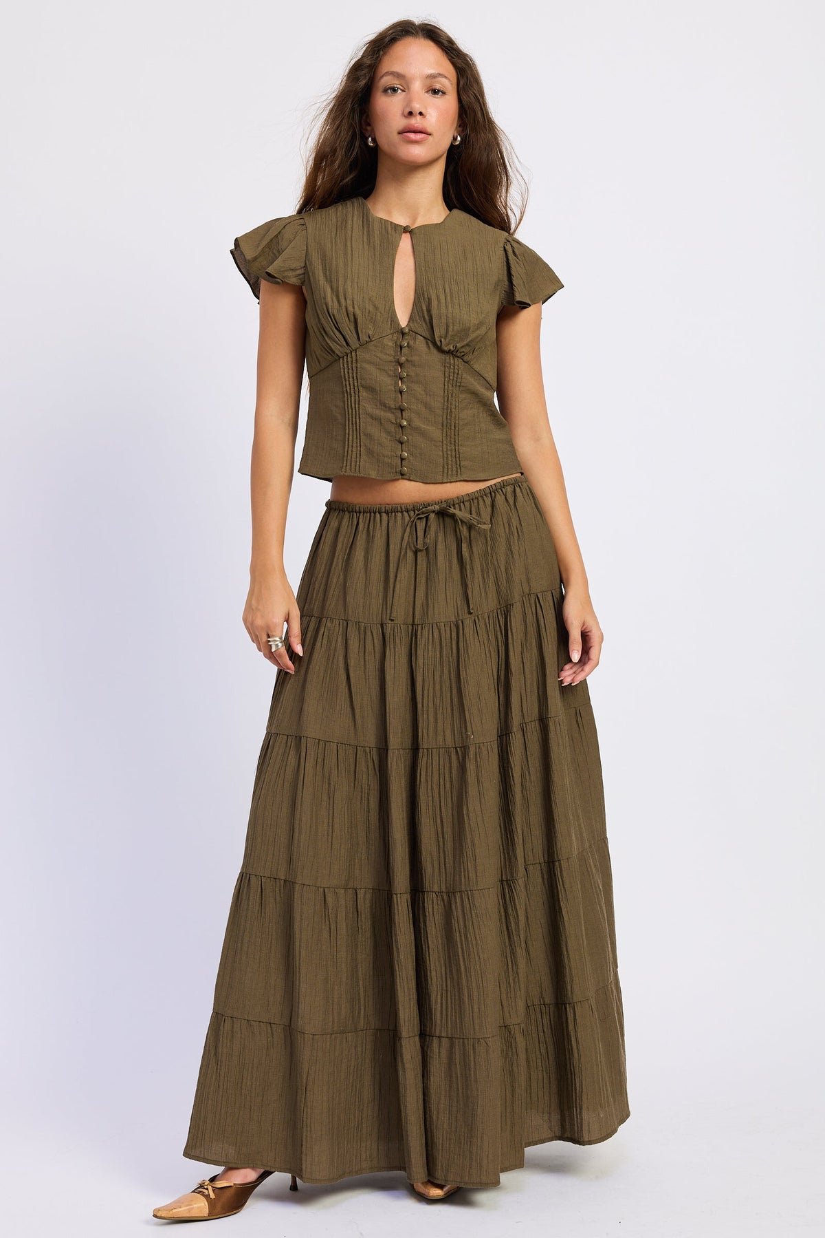 Ruffle Tiered Maxi Skirt in olive, front view