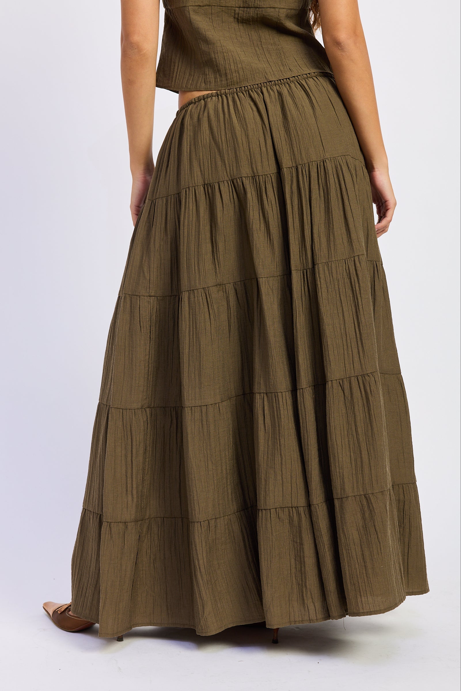 Ruffle Tiered Maxi Skirt in olive, side view