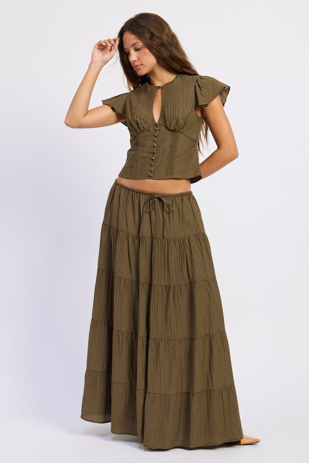 Ruffle Tiered Maxi Skirt in olive, worn
