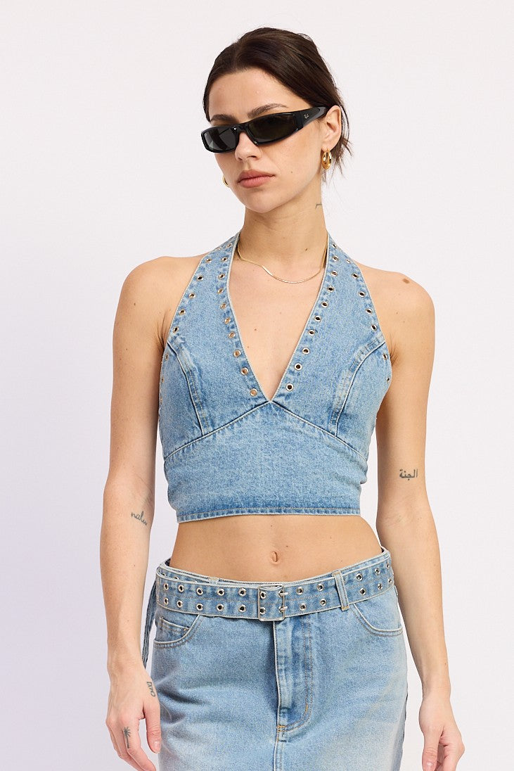 Leah Denim Grommet Halter Top