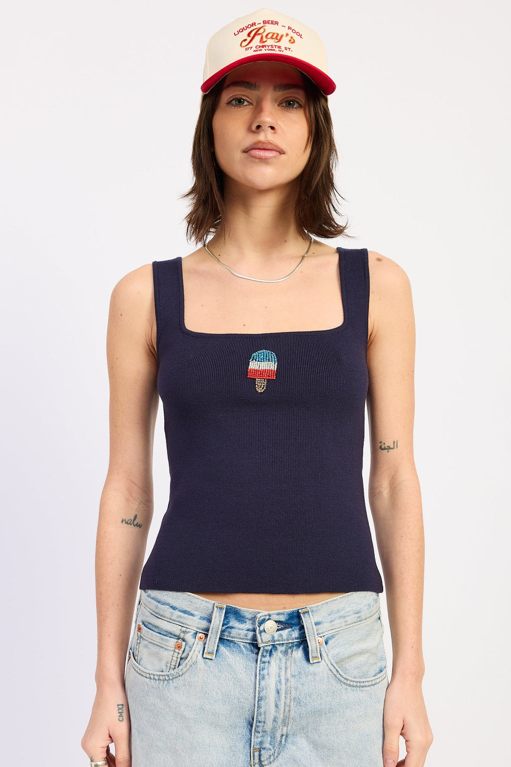 Rue Top in Navy - front view showing square neck ribbed style