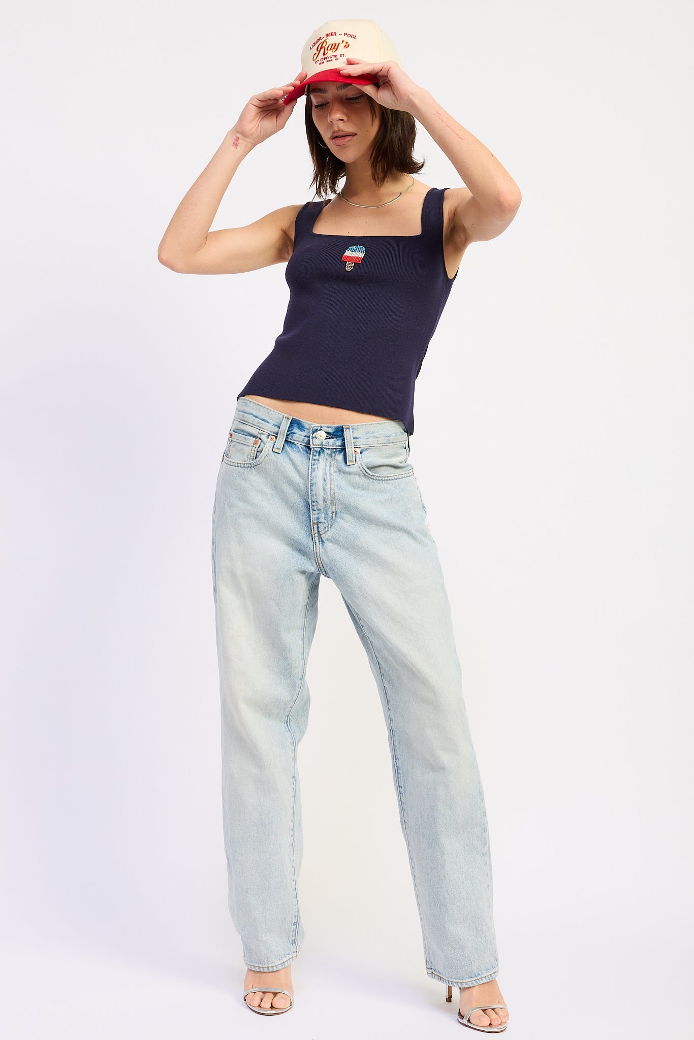 Rue Top in Navy - styled outfit full length view