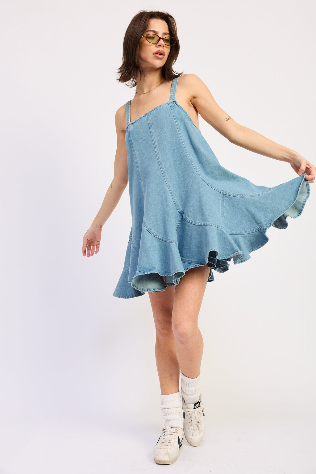 Light Denim Laurel paneled denim overall dress