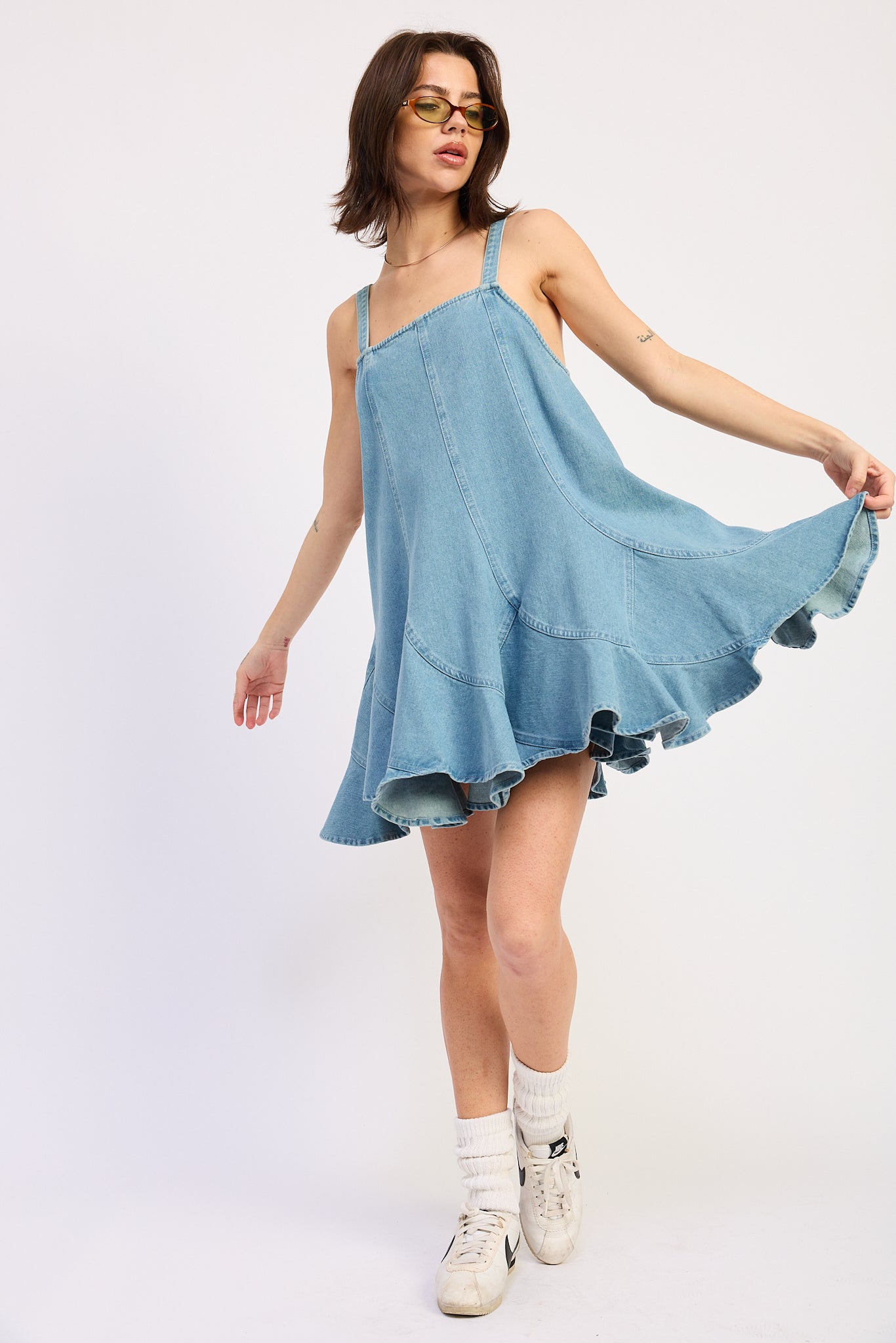 Light Denim Laurel paneled denim overall dress