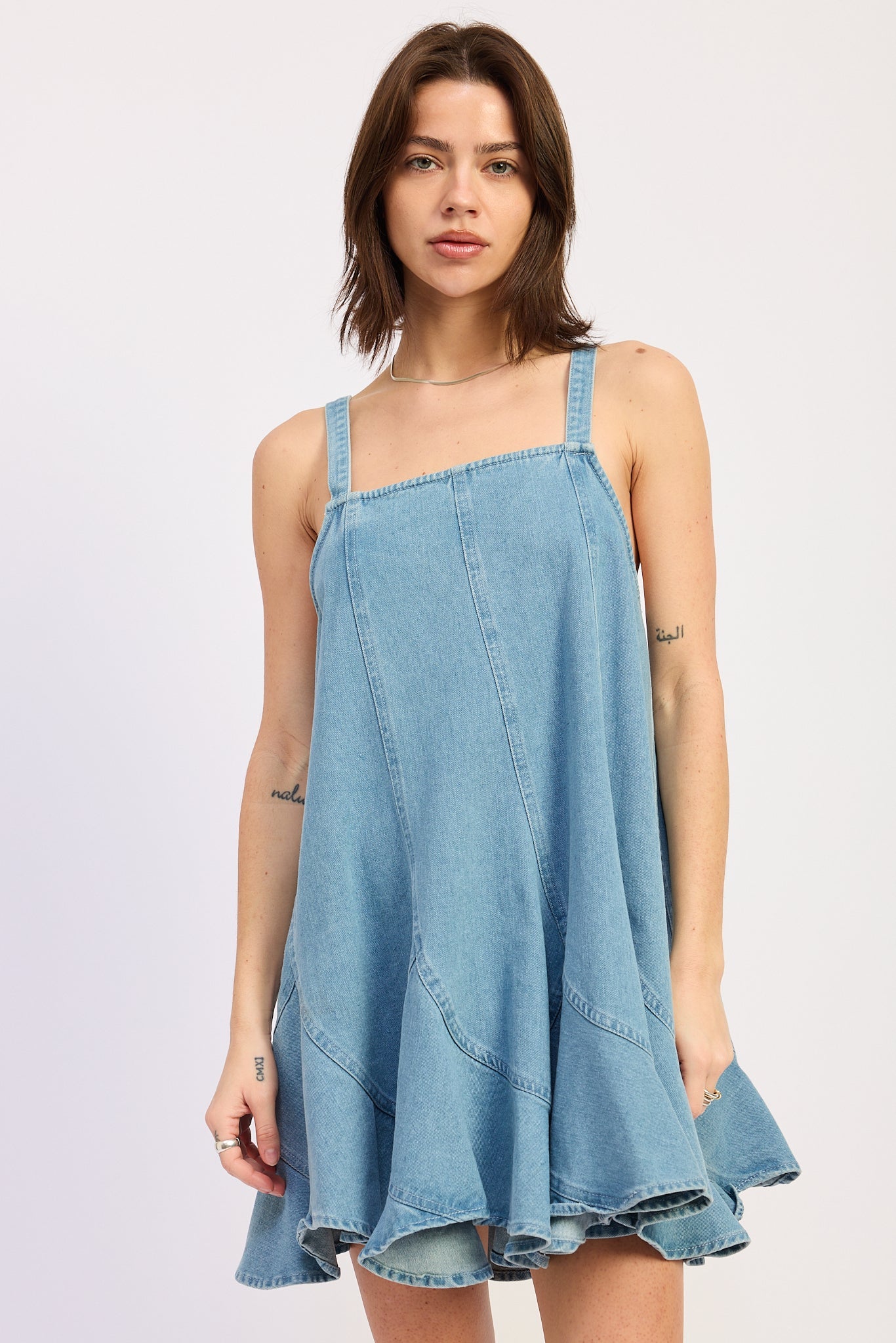Laurel overall dress denim fabric detail