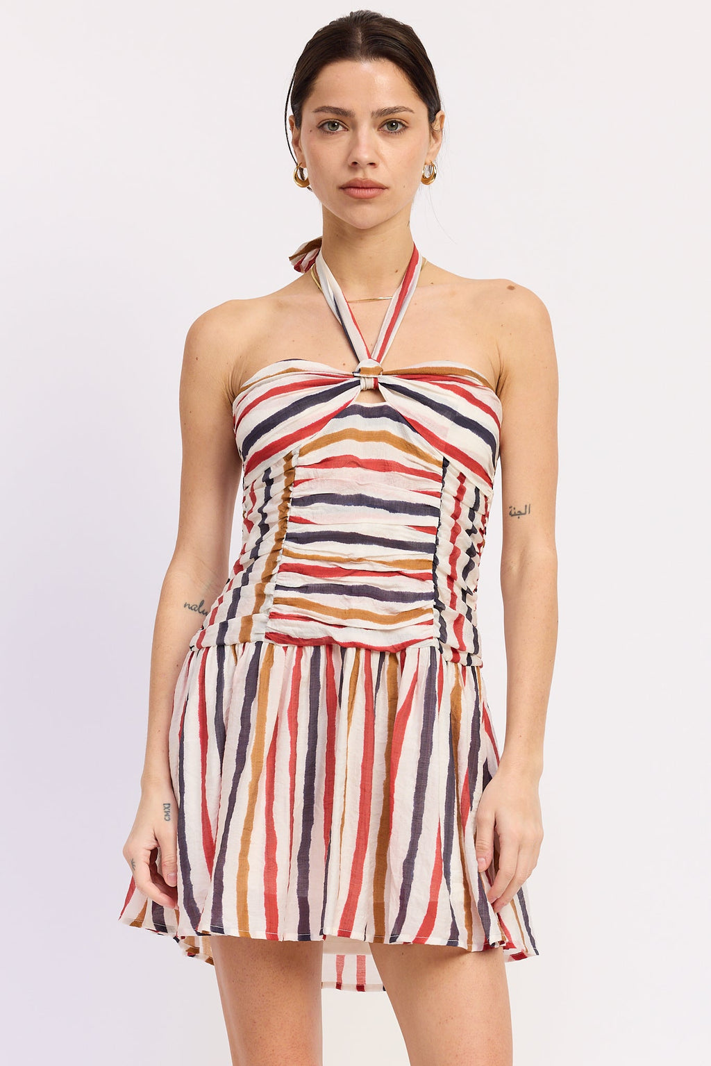 Vale Mini Dress in Red Navy Stripe - styled outfit full length view