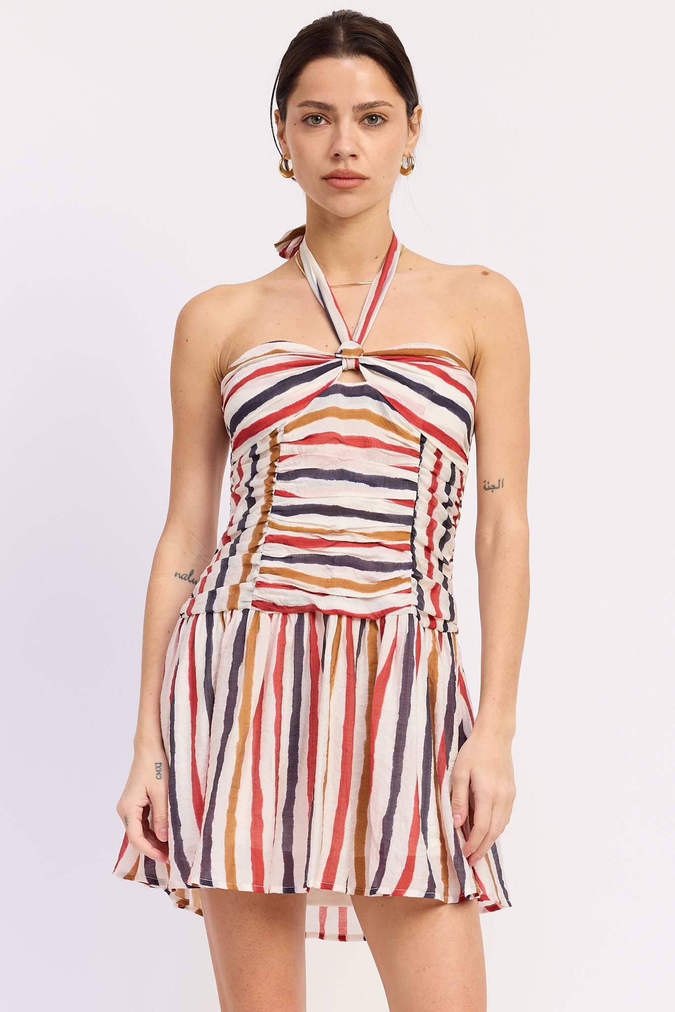 Vale Mini Dress in Red Navy Stripe - styled outfit full length view