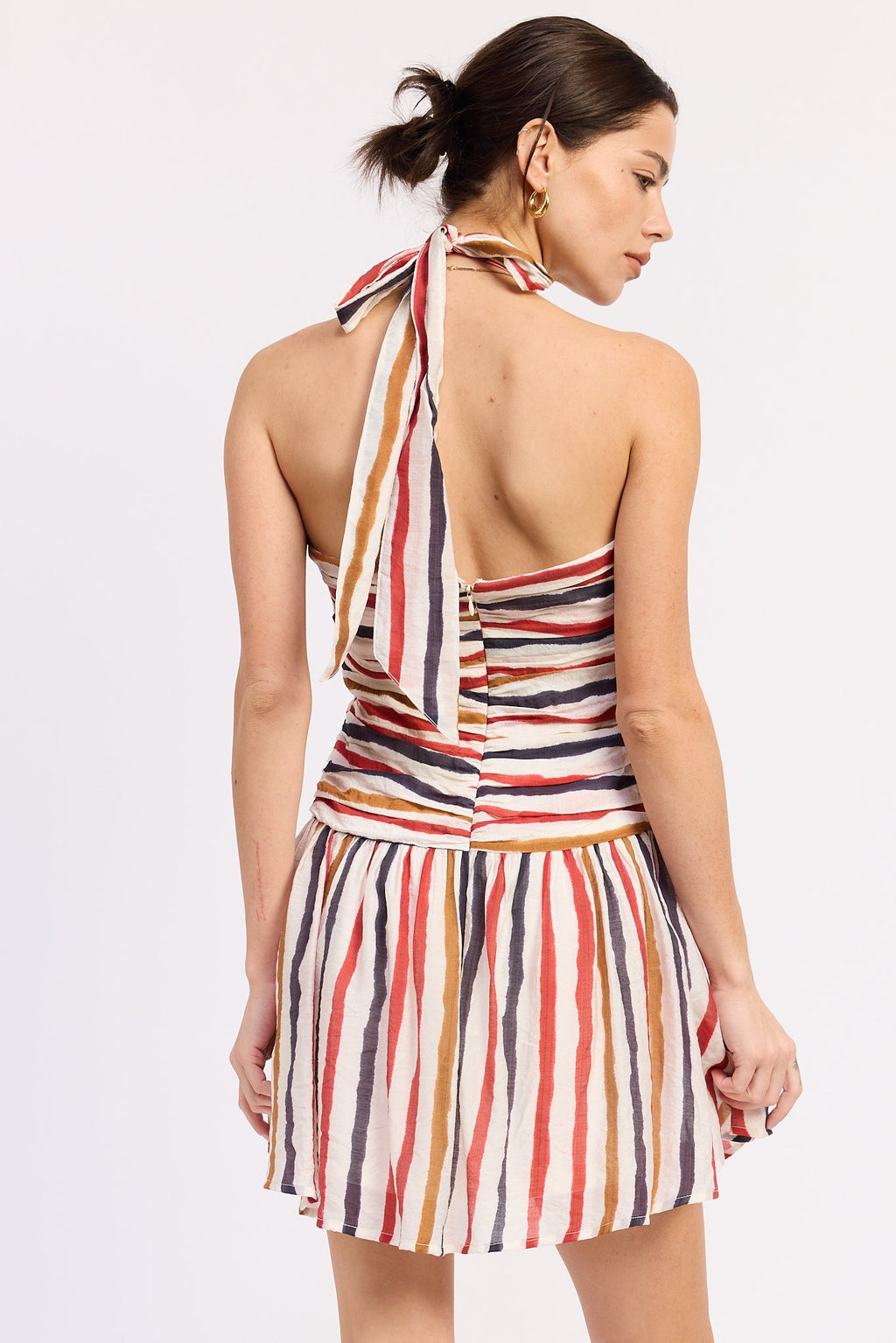 Vale Mini Dress in Red Navy Stripe - close up of neck tie detail