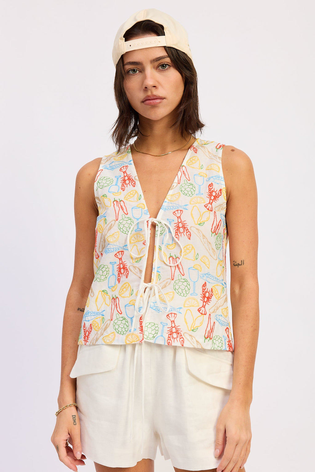 Onira Vest Top in Ivory Multi - front view showing embroidered detail and front tie