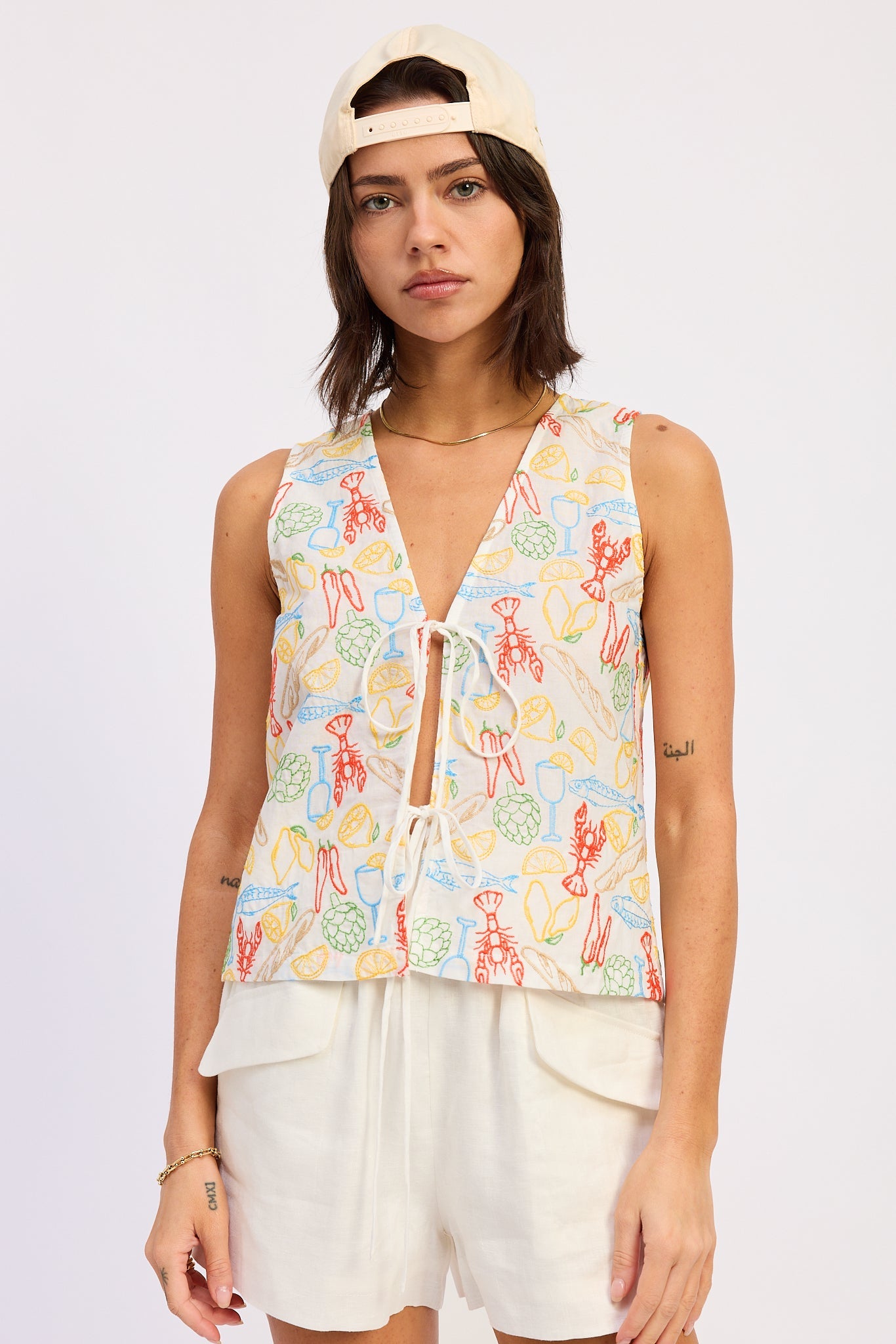Onira Vest Top in Ivory Multi - front view showing embroidered detail and front tie
