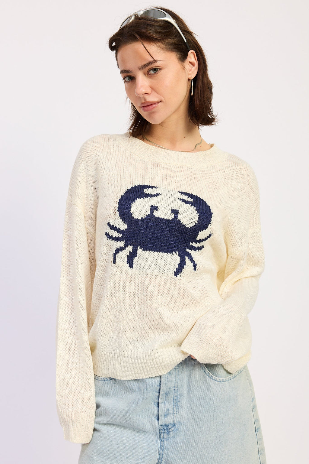 Evelina Sweater in Cream - front view showing blue crab slub knit