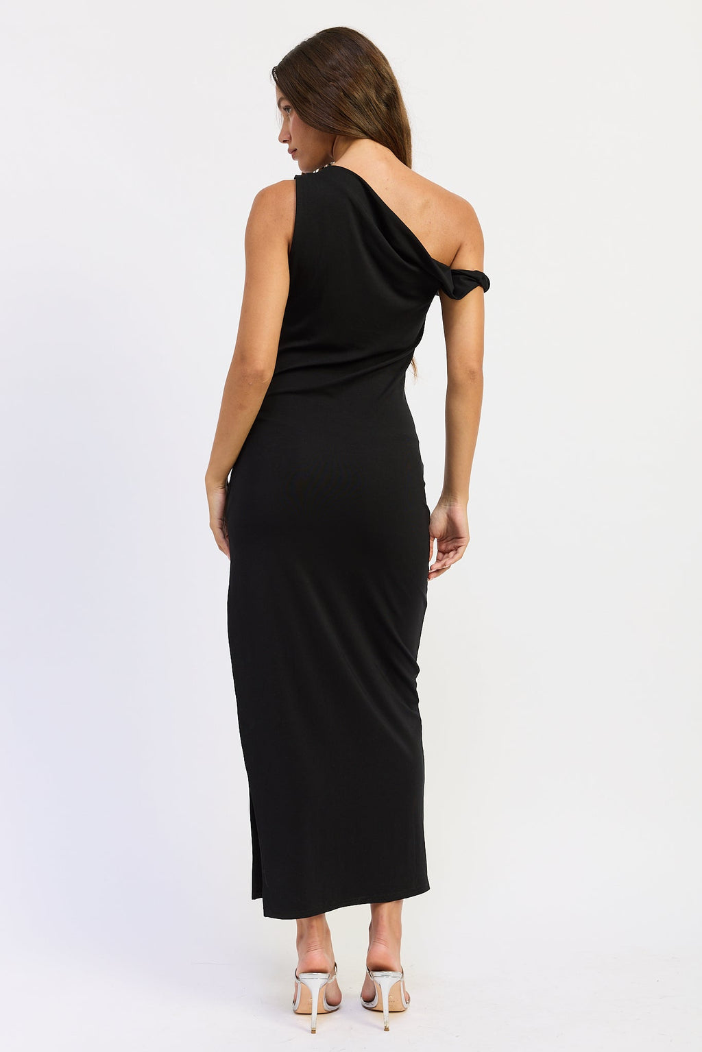 Asymmetrical Twist Maxi Dress in black, side view