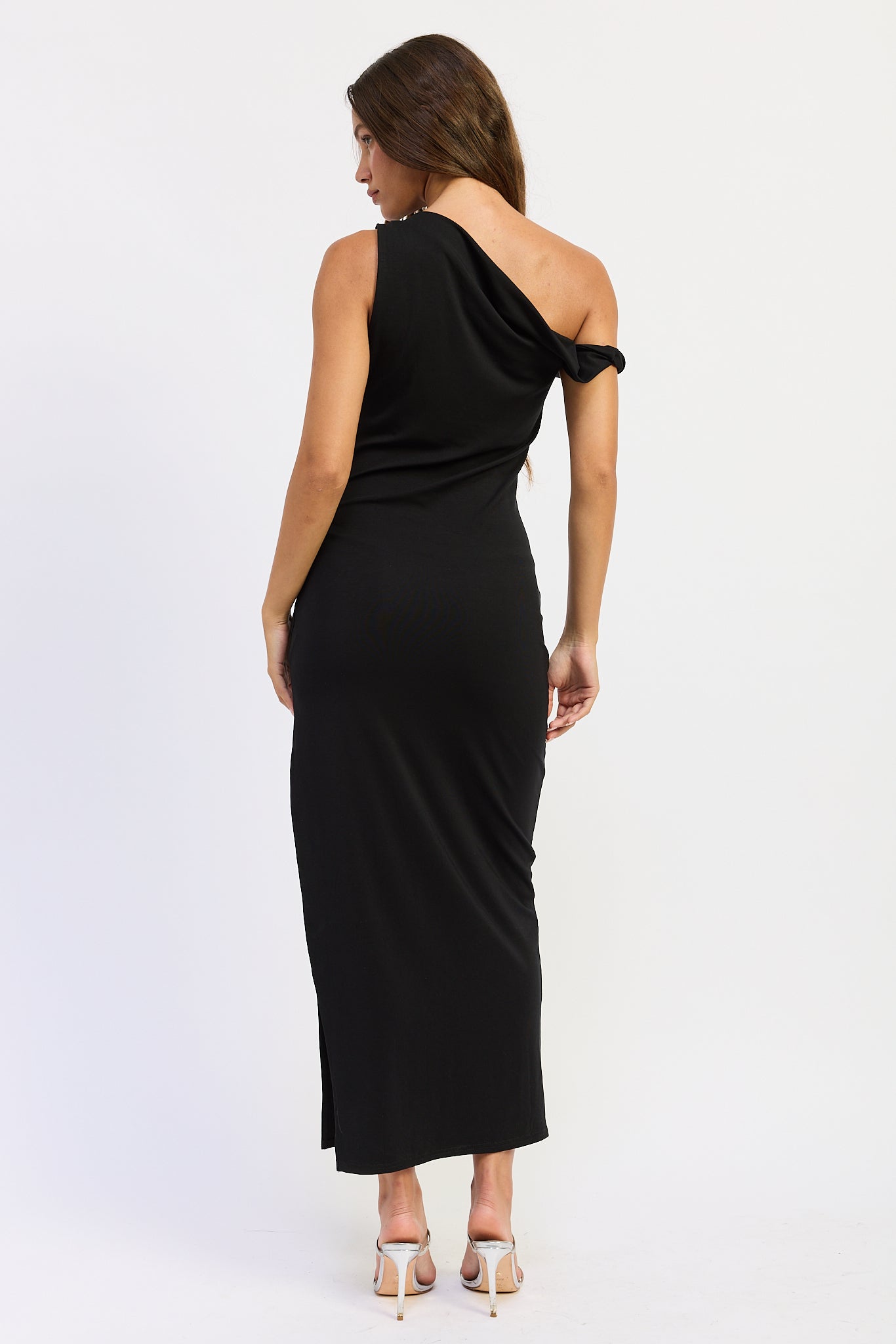 Asymmetrical Twist Maxi Dress in black, side view
