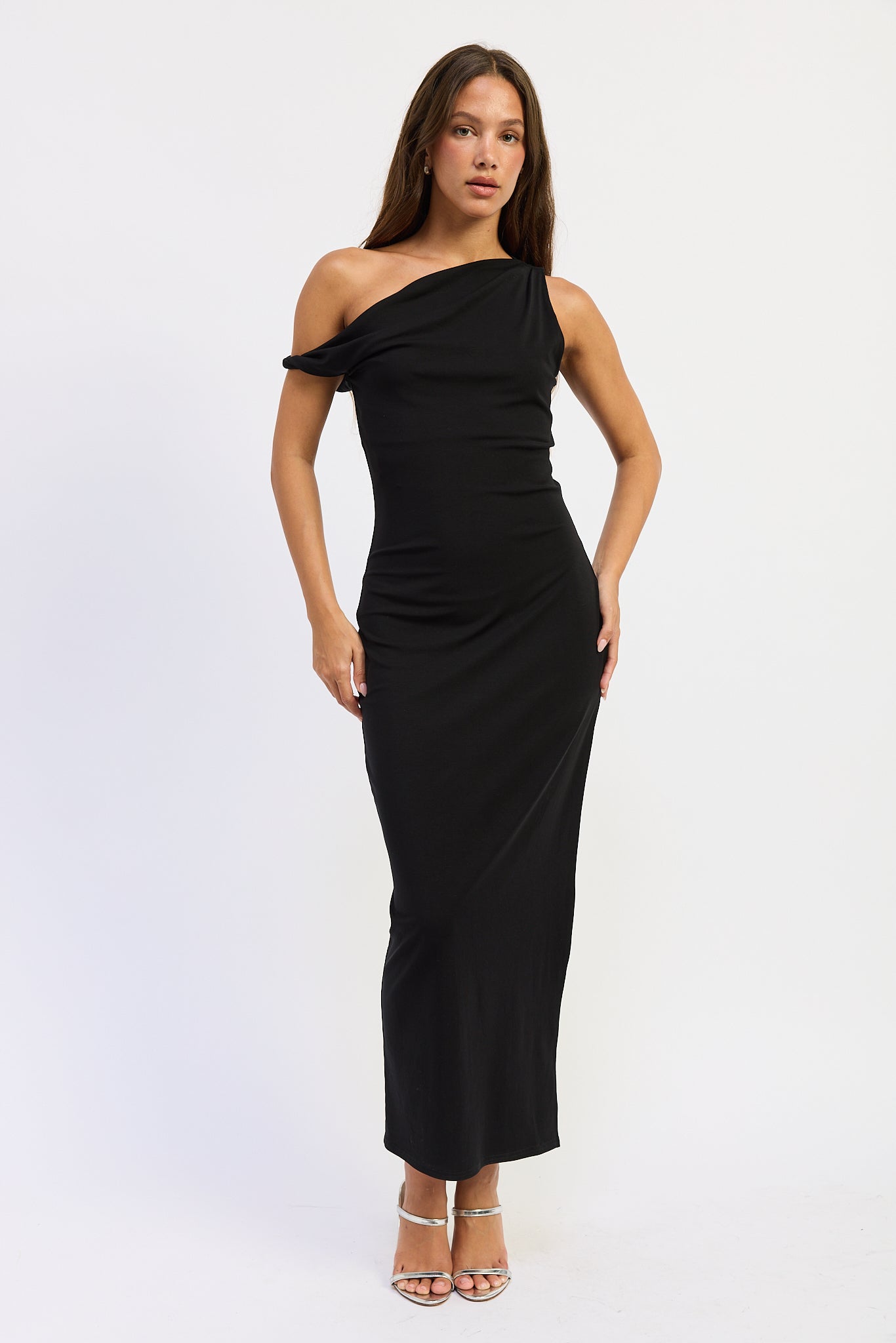 Asymmetrical Twist Maxi Dress in black, back view