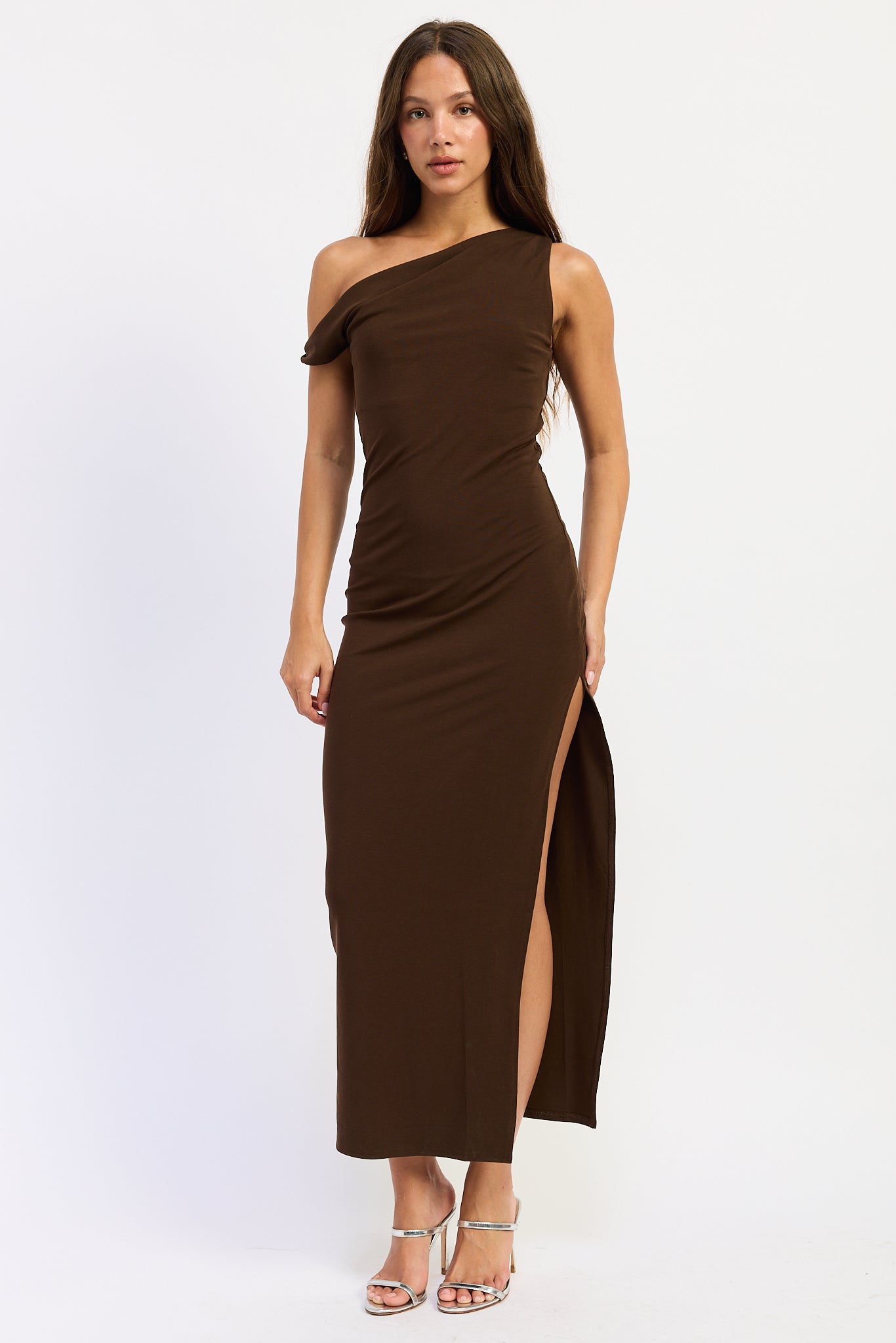 Asymmetrical Twist Maxi Dress in brown, front view