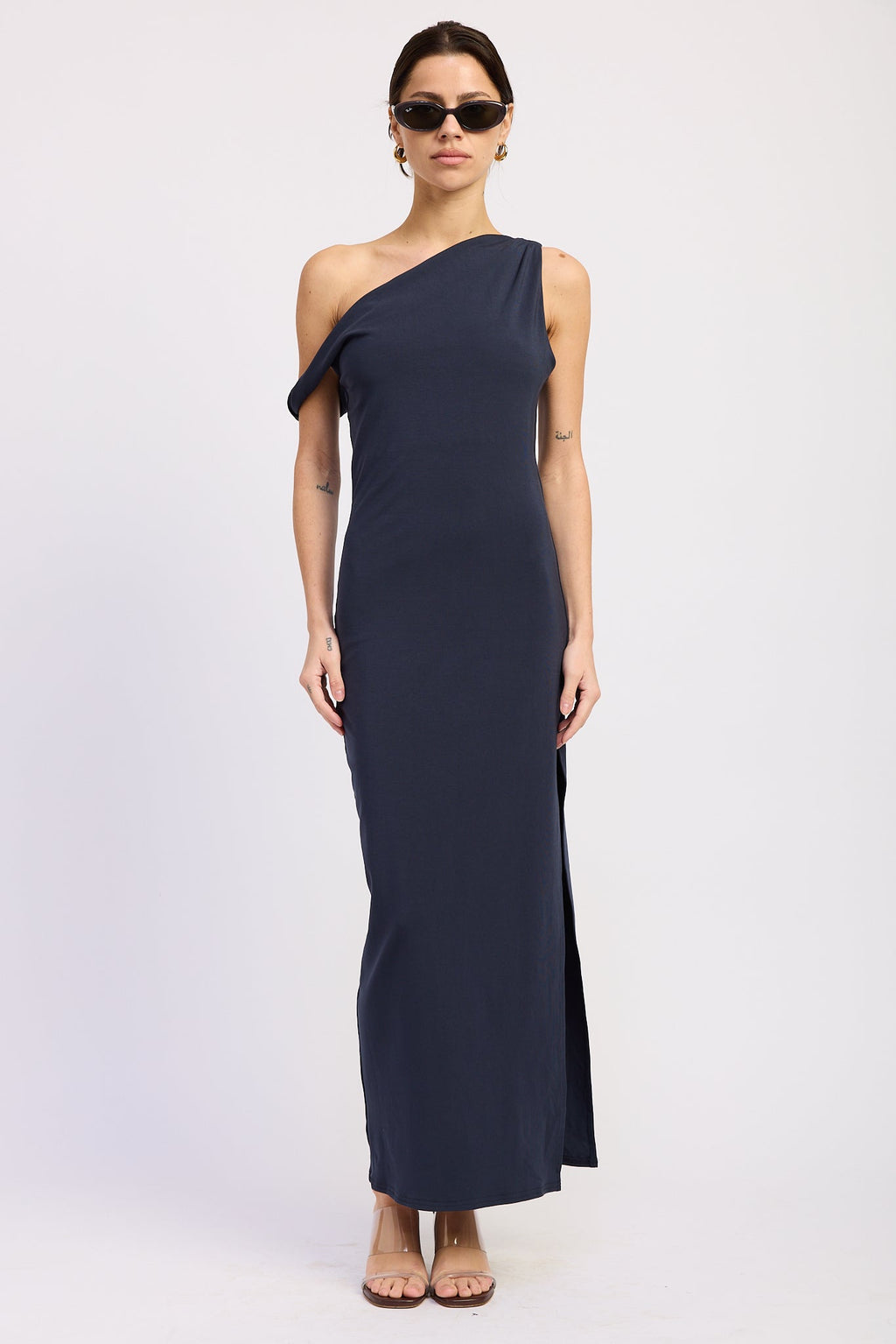 Asymmetrical Twist Maxi Dress in navy, front view
