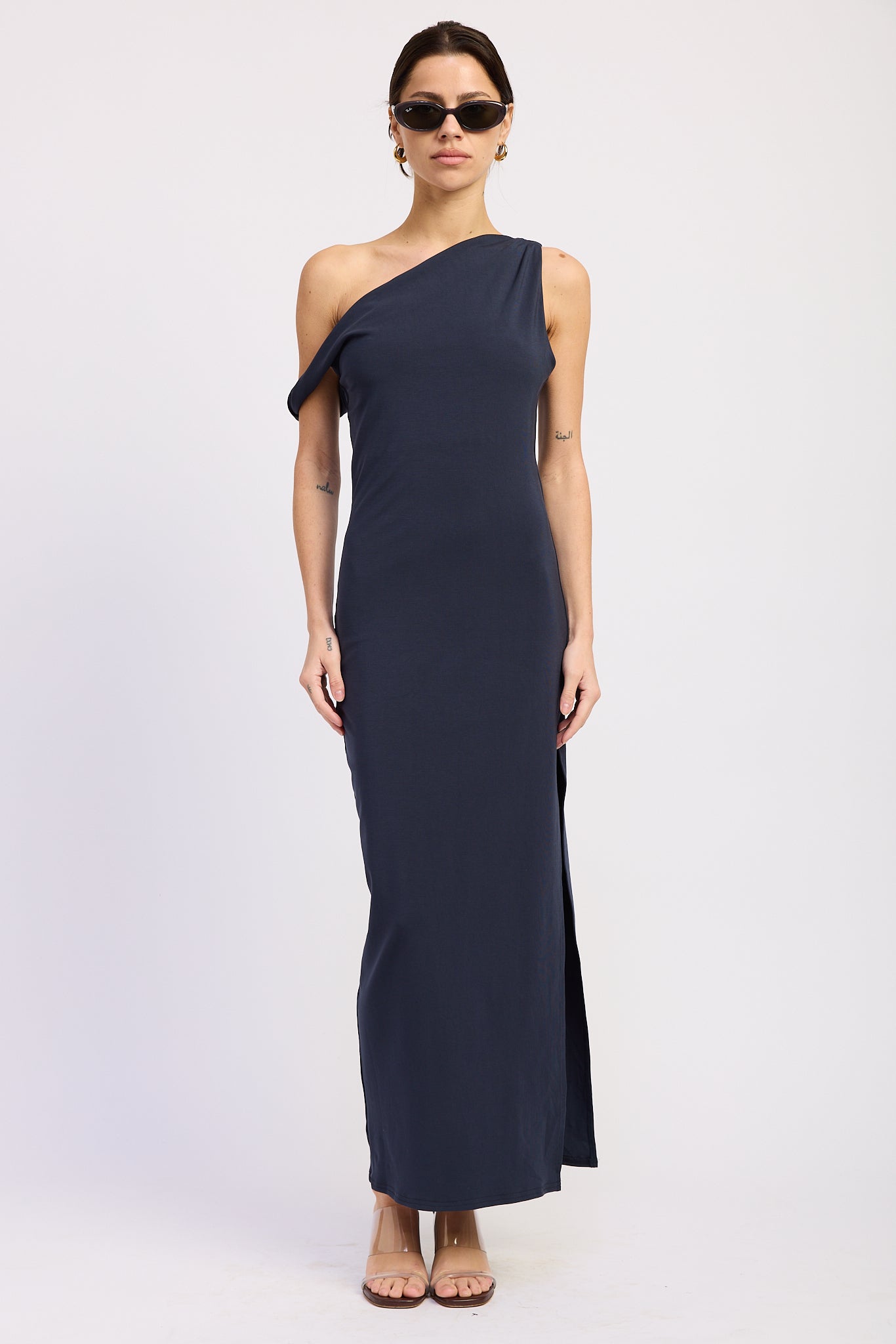 Asymmetrical Twist Maxi Dress in navy, front view