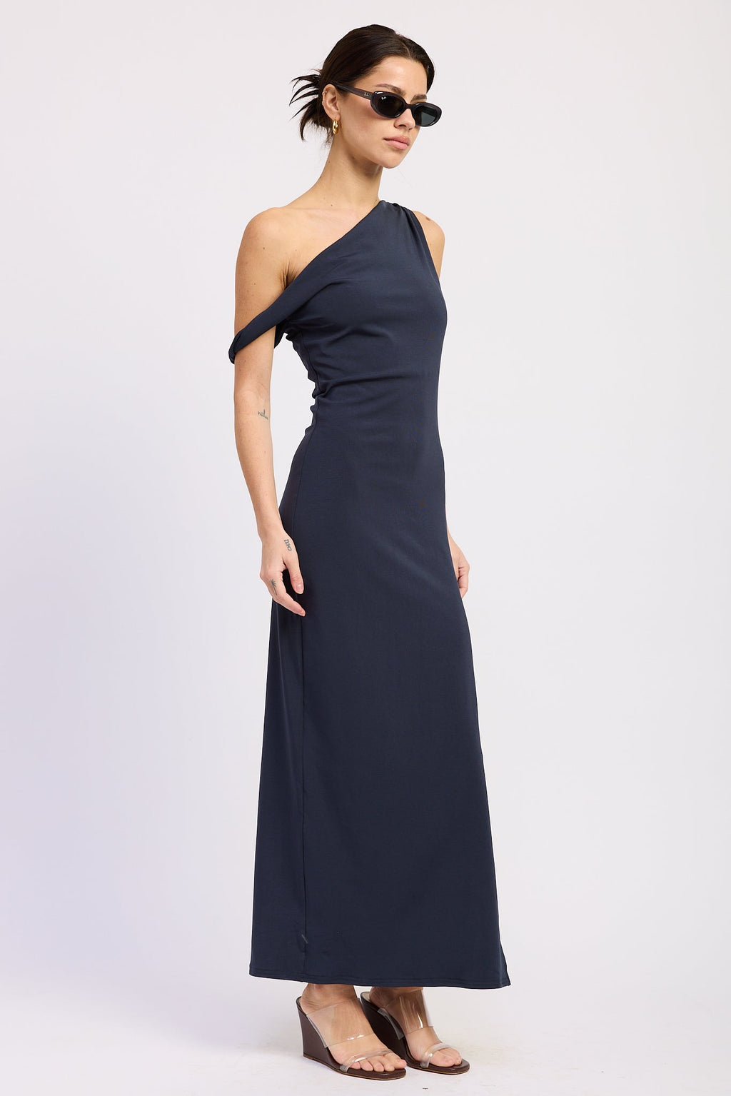 Asymmetrical Twist Maxi Dress in navy, detail