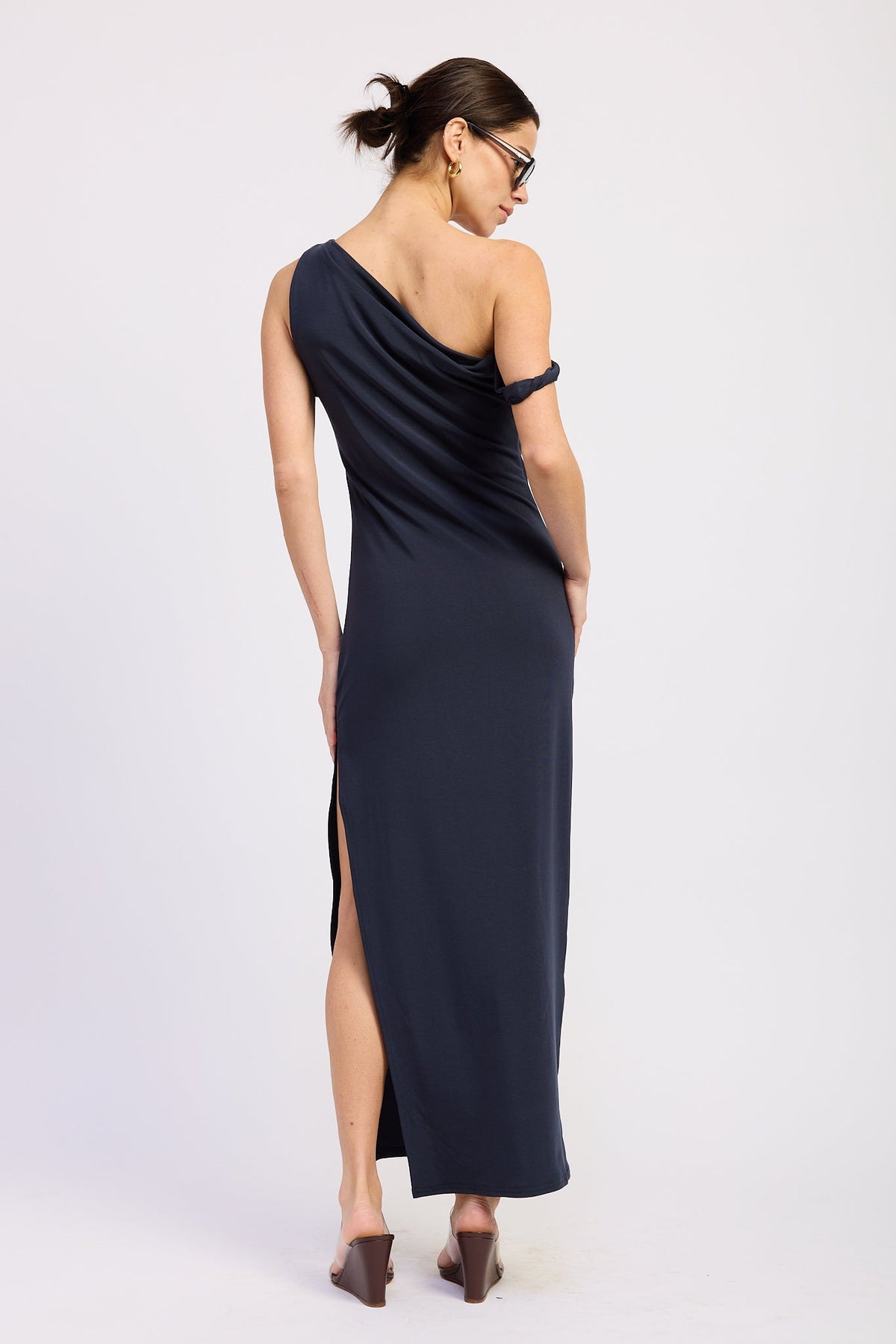 Asymmetrical Twist Maxi Dress in navy, worn