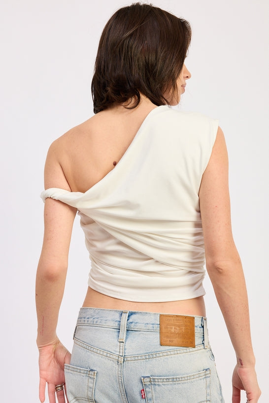 Hera Top in Off-White - close up of shoulder twist detail