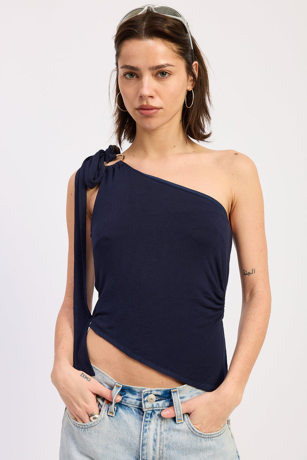 Karla Top in Navy - front view showing asymmetrical O-ring detail