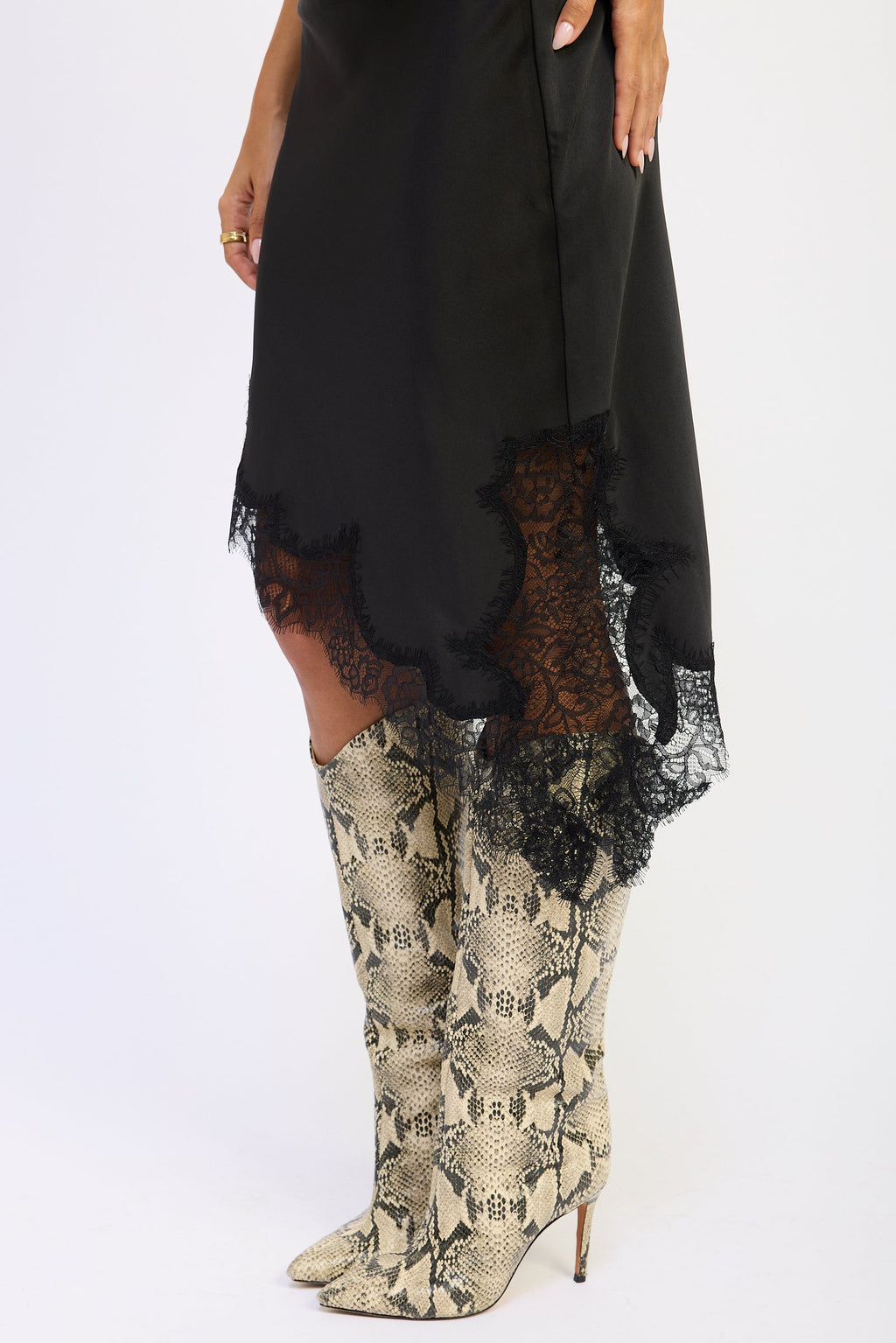 Asymmetrical Satin Skirt with Lace Detail in black, close-up