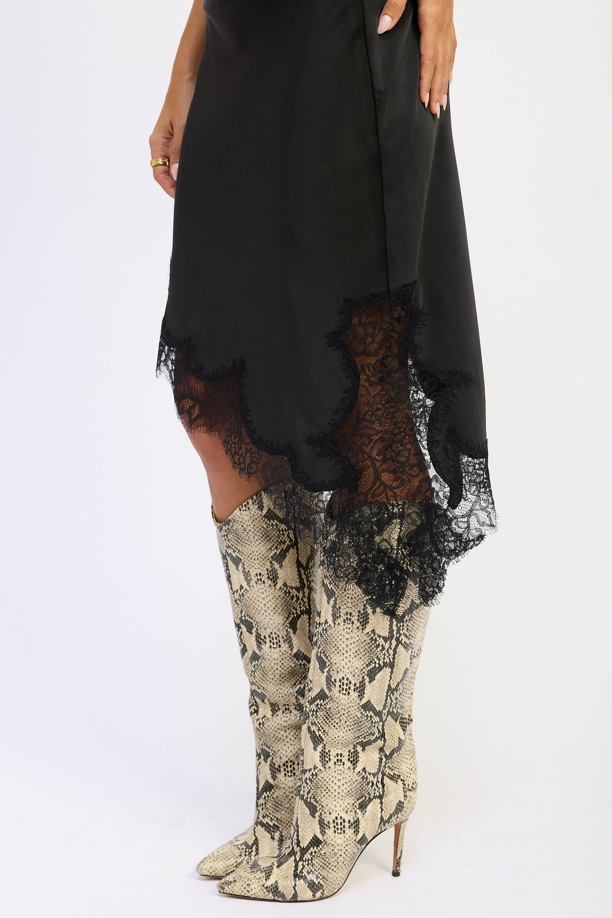 Asymmetrical Satin Skirt with Lace Detail in black, close-up