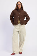 Polka Dot Quilted Puffer Jacket in espresso, worn